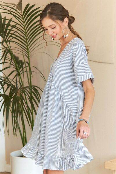 ADORA Ruffled Hem Striped V-Neck Babydoll Dress for a perfect OOTD – dress to impress outfits from Amexza