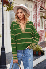 Striped Johnny Collar Sweater Mid Green for a perfect OOTD – dress to impress outfits from Amexza