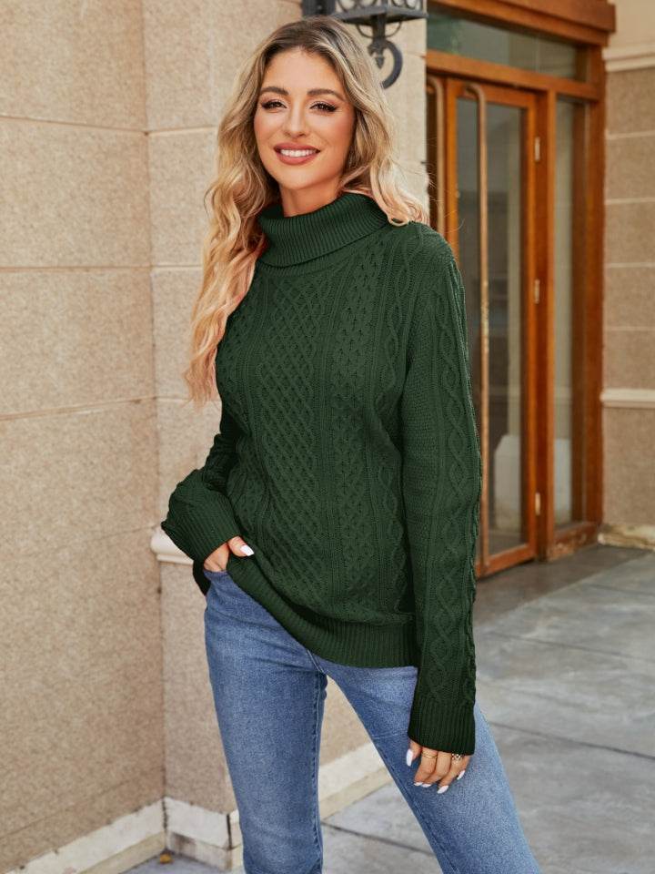 Cable-Knit Mock Neck Sweater Green for a perfect OOTD – dress to impress outfits from Amexza