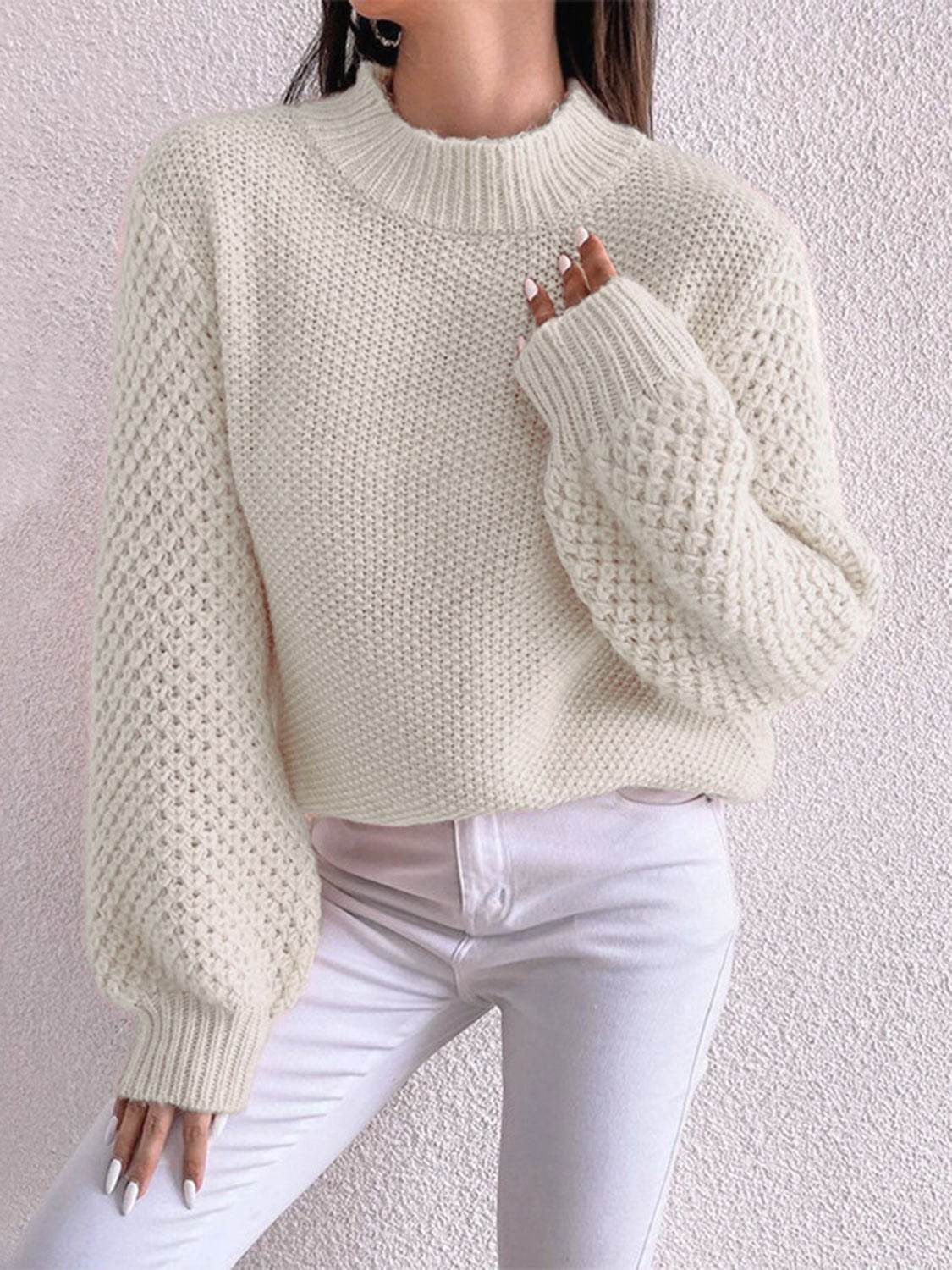 Openwork Mock Neck Long Sleeve Sweater Cream for a perfect OOTD – dress to impress outfits from Amexza