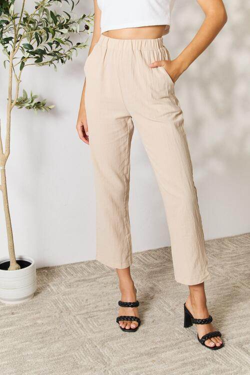 Shiny Pull-On Pants with Pockets Khaki for a perfect OOTD – dress to impress outfits from Amexza