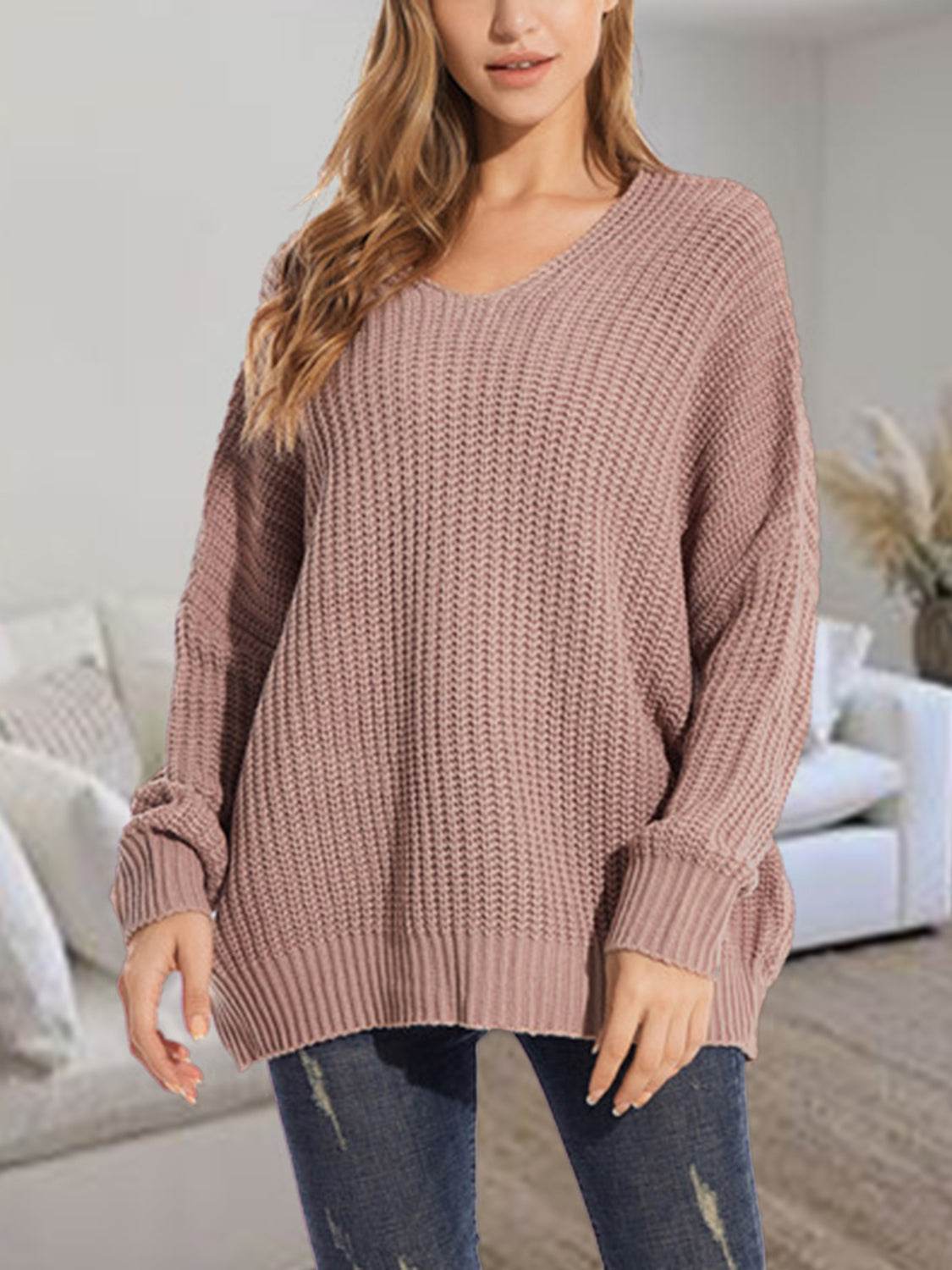 V-Neck Batwing Dropped Shoulder Sweater Mocha for a perfect OOTD – dress to impress outfits from Amexza