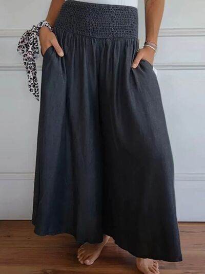 Full Size Smocked Wide Leg Pants with Pockets Black for a perfect OOTD – dress to impress outfits from Amexza