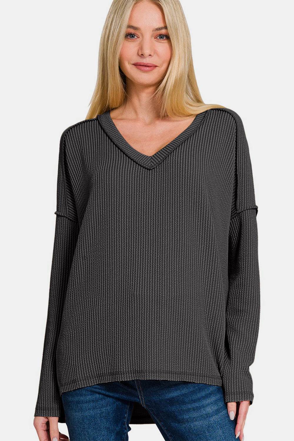 Zenana Texture Exposed Seam V-Neck Long Sleeve T-Shirt for a perfect OOTD – dress to impress outfits from Amexza