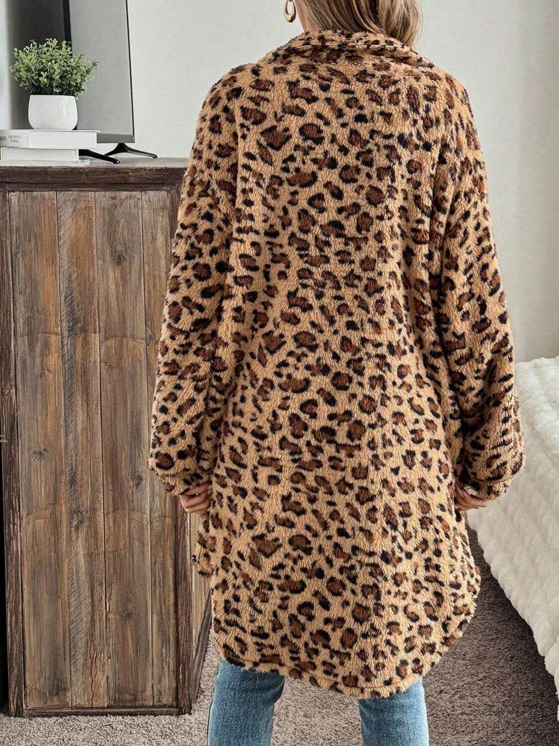 Leopard Button Up Long Sleeve Fuzzy Coat for a perfect OOTD – dress to impress outfits from Amexza