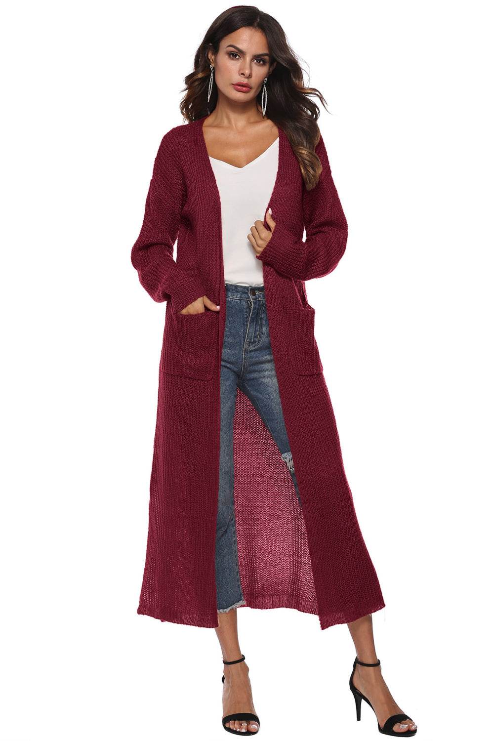 Long Sleeve Open Front Buttoned Cardigan Burgundy for a perfect OOTD – dress to impress outfits from Amexza