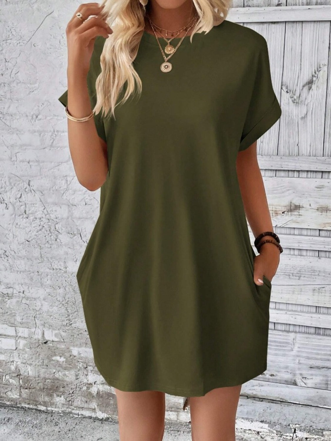 Pocketed Round Neck Short Sleeve Dress - Army Green / S