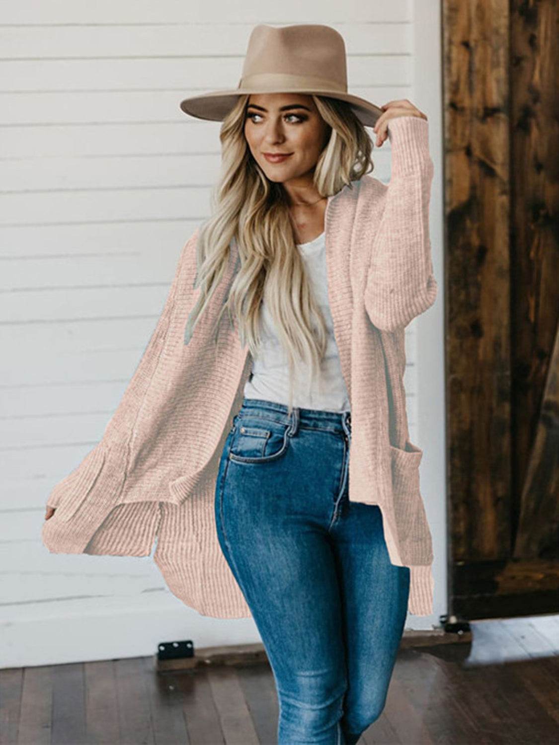 High-Low Open Front Cardigan with Pockets - Amexza