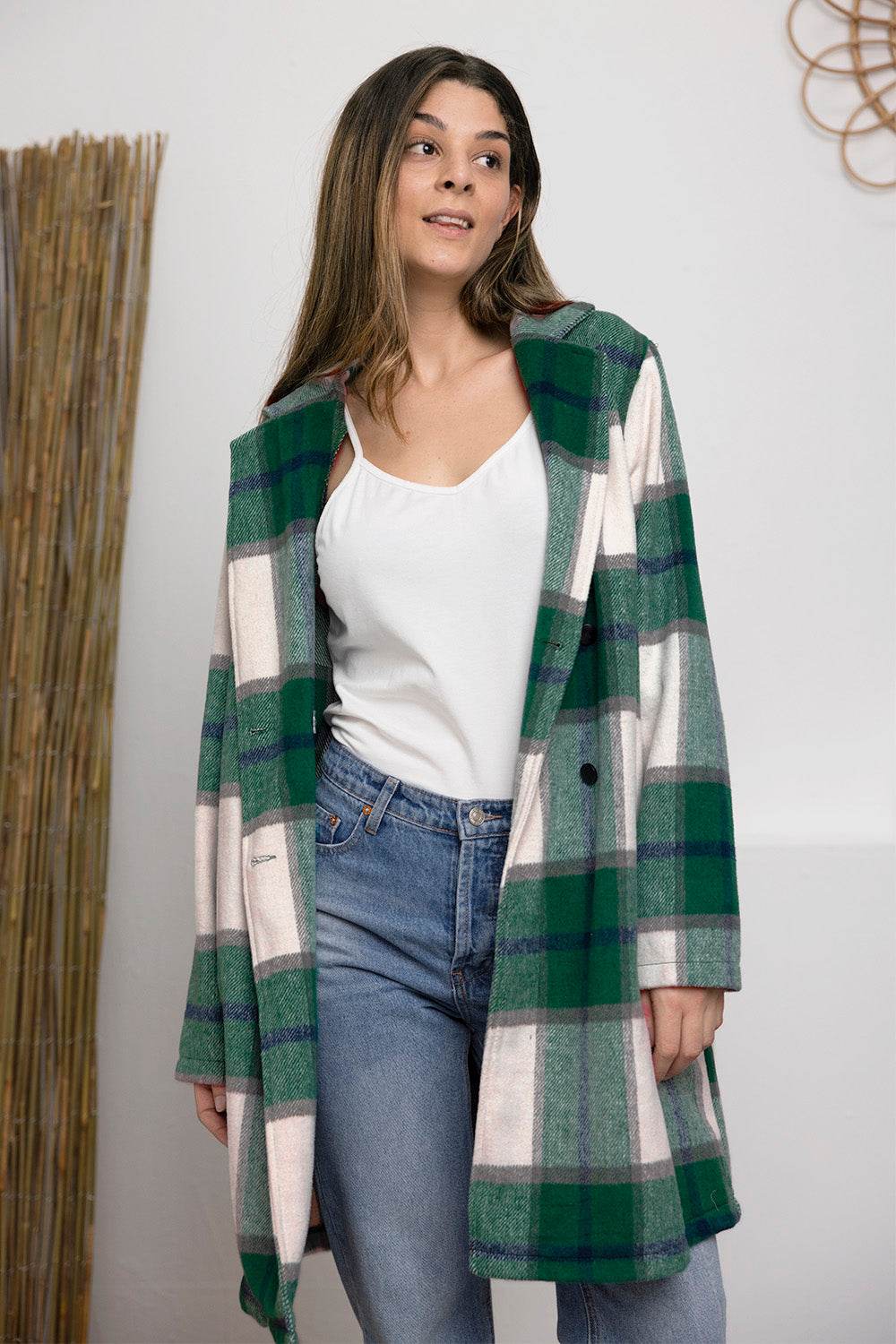 Double Take Full Size Plaid Button Up Lapel Collar Coat - Amexza