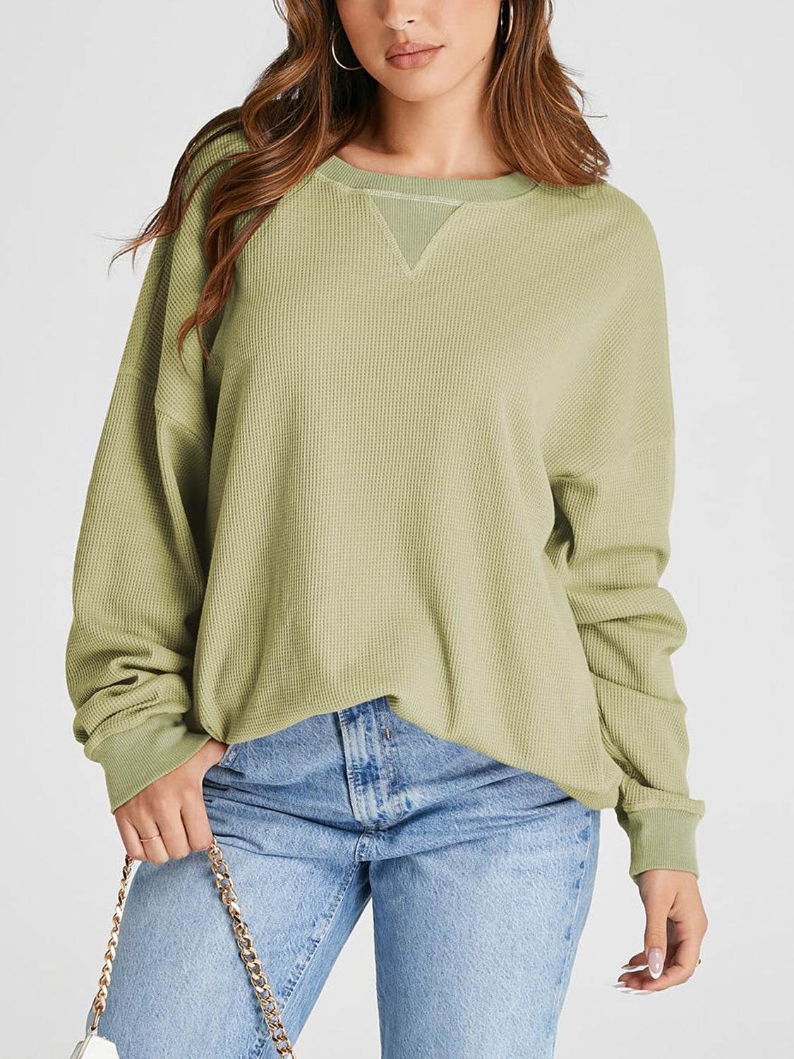 Waffle Knit Round Neck Long Sleeve T-Shirt for a perfect OOTD – dress to impress outfits from Amexza