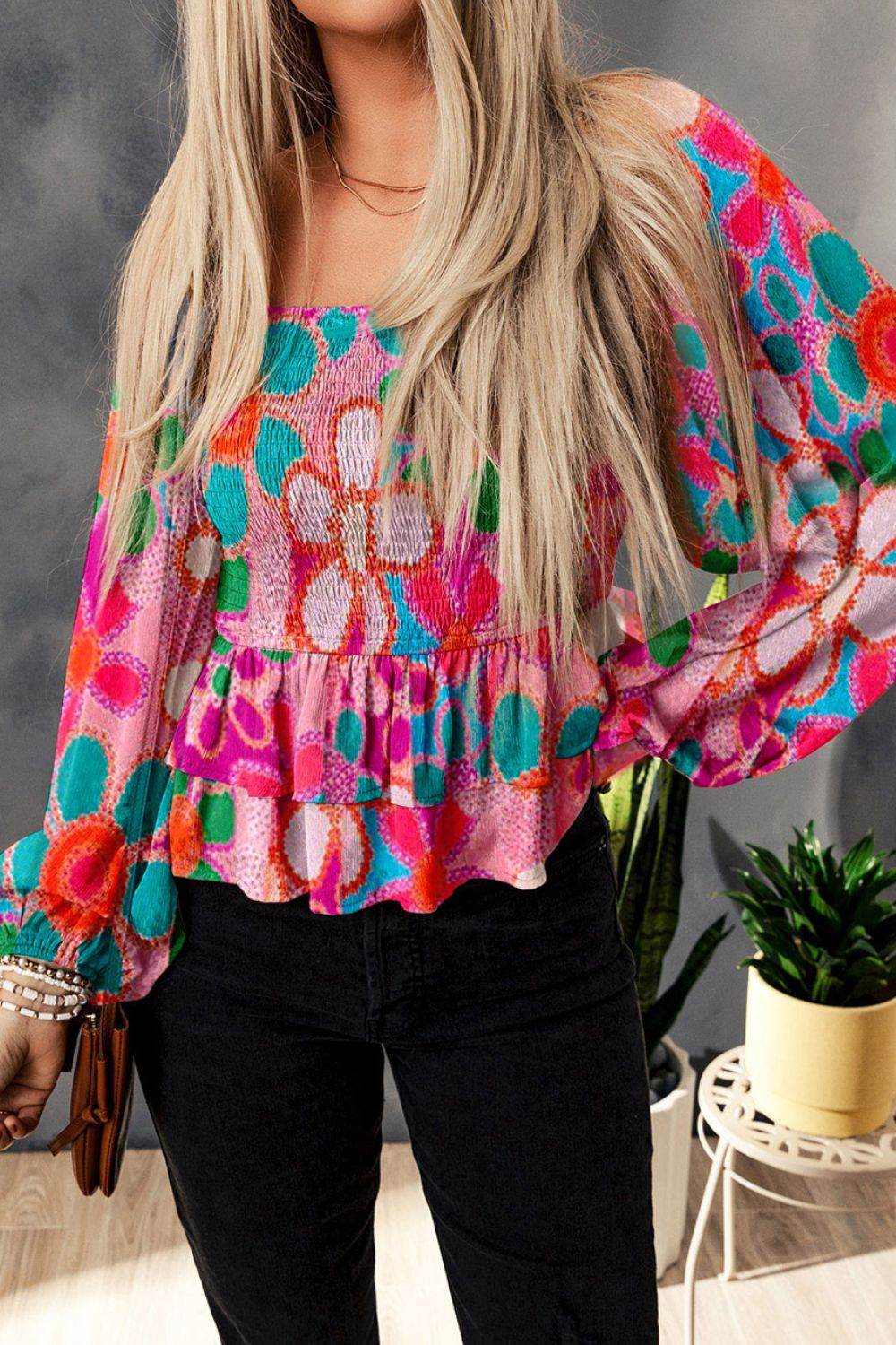 Floral Smocked Ruffled Balloon Sleeve Blouse for a perfect OOTD – dress to impress outfits from Amexza