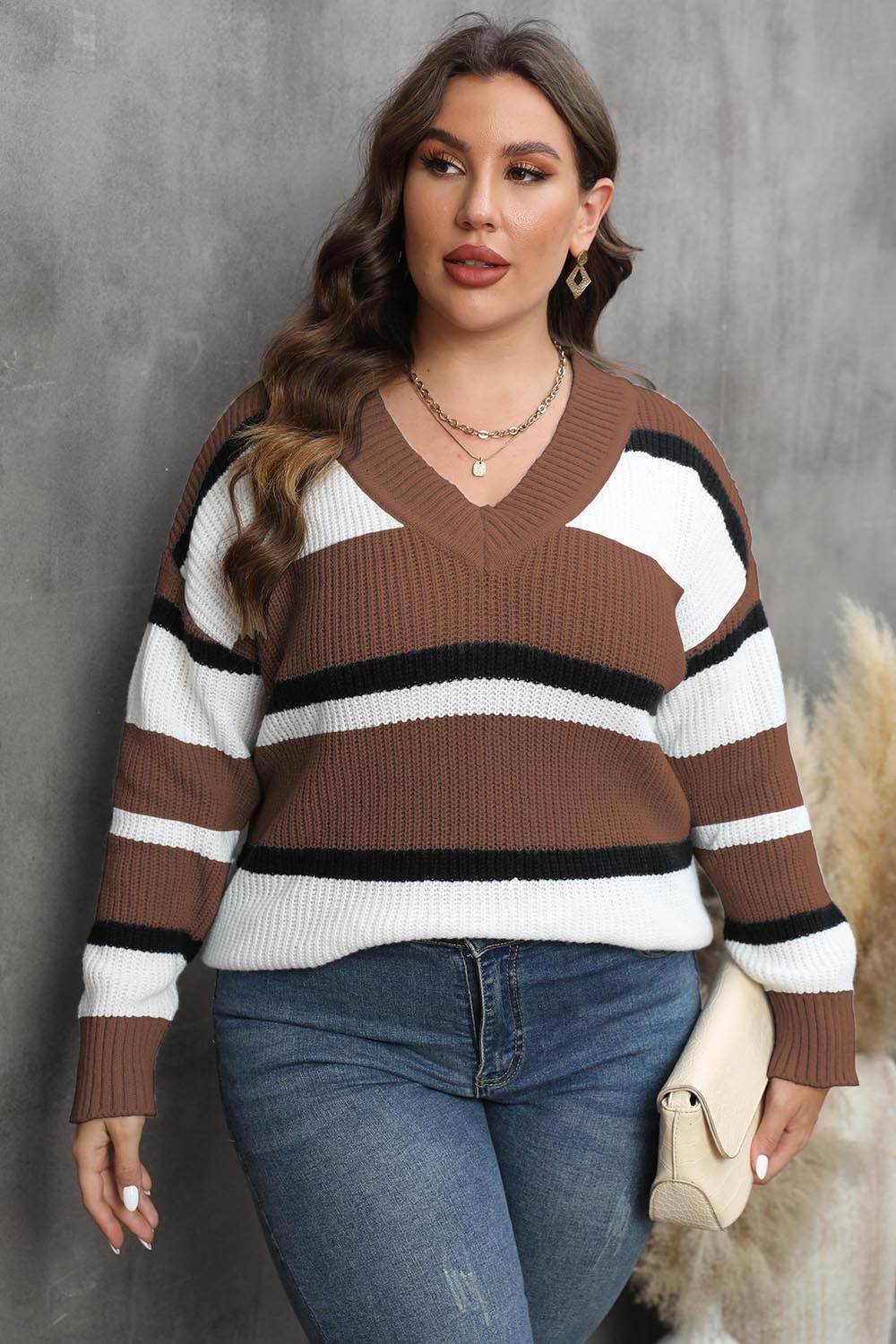 Plus Size Striped V-Neck Dropped Shoulder Sweater for a perfect OOTD – dress to impress outfits from Amexza