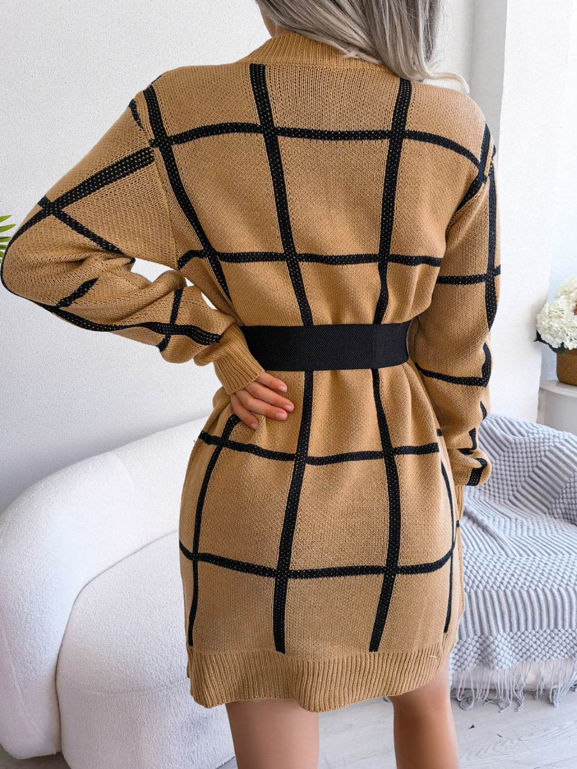 Plaid Round Neck Dropped Shoulder Sweater Dress for a perfect OOTD – dress to impress outfits from Amexza