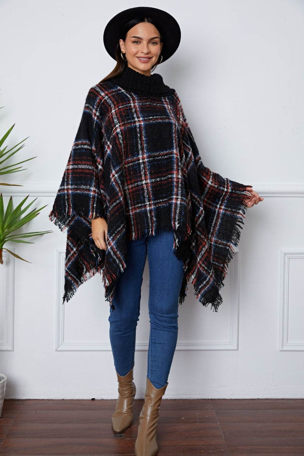 Shiny Turtleneck Plaid Raw Hem Sweater for a perfect OOTD – dress to impress outfits from Amexza