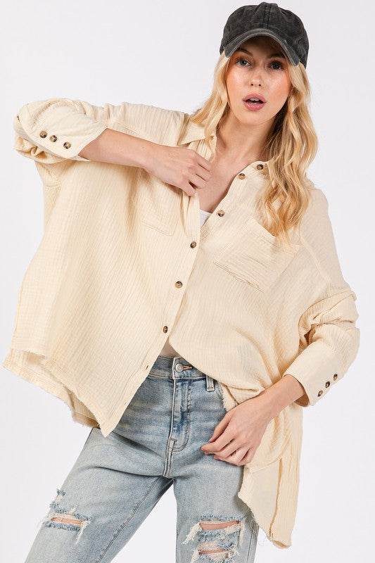 SAGE + FIG Frayed Hem Side Slit Button Down Shirt for a perfect OOTD – dress to impress outfits from Amexza