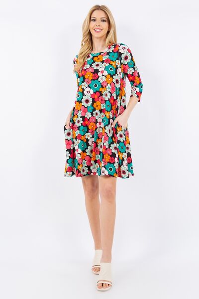 Celeste Full Size Floral Three-Quarter Sleeve Dress with Pockets for a perfect OOTD – dress to impress outfits from Amexza