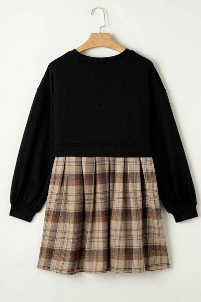 Plaid Round Neck Long Sleeve Mini Dress for a perfect OOTD – dress to impress outfits from Amexza