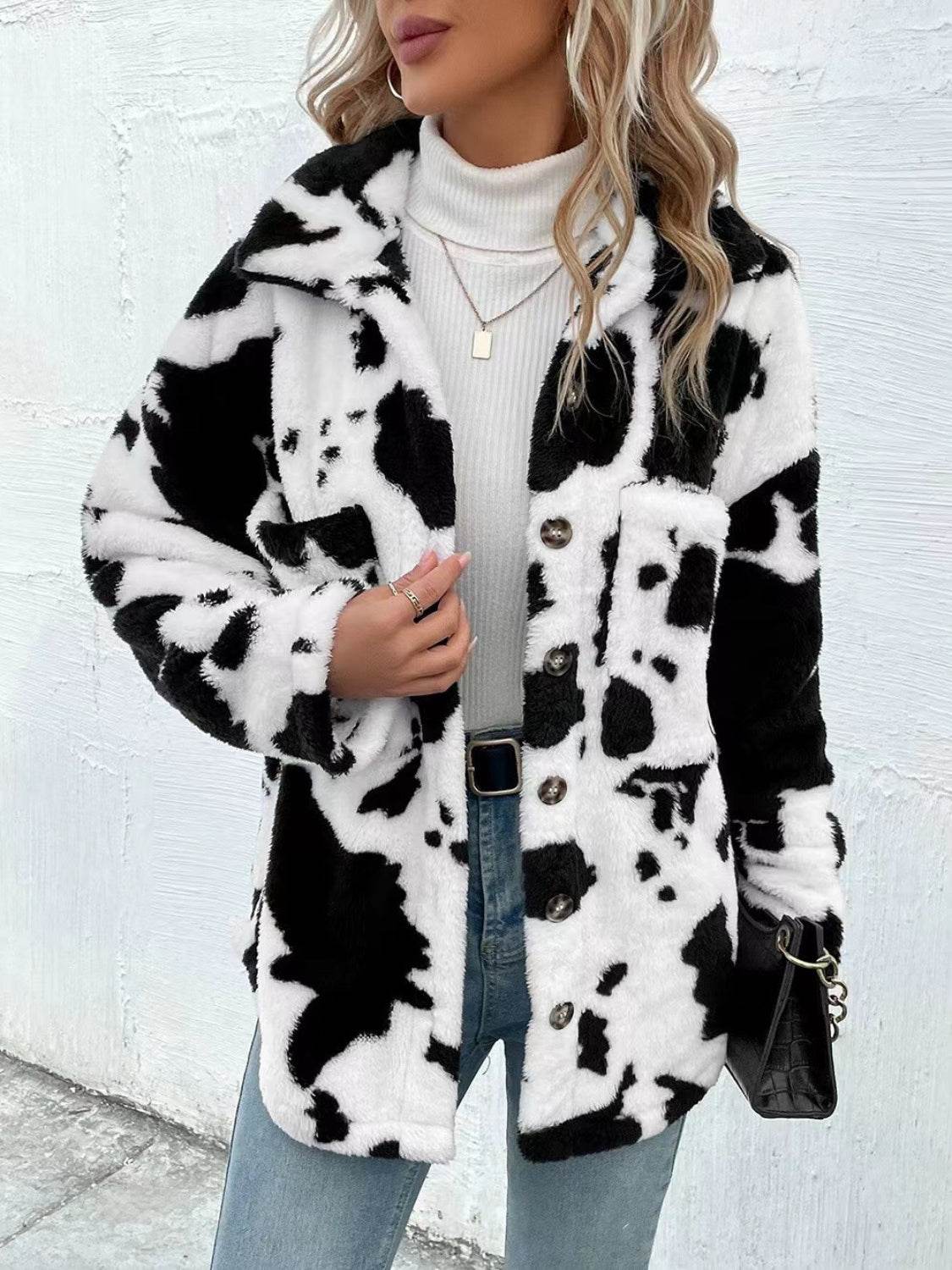 Cow Print Collared Neck Button Up Fuzzy Jacket for a perfect OOTD – dress to impress outfits from Amexza