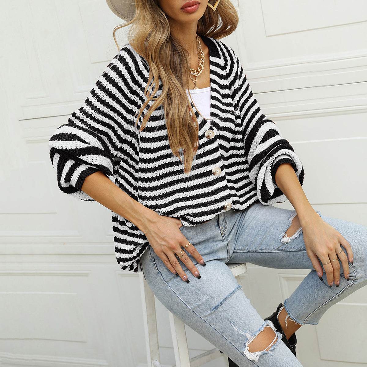 Striped Button Down Long Sleeve Cardigan - Amexza