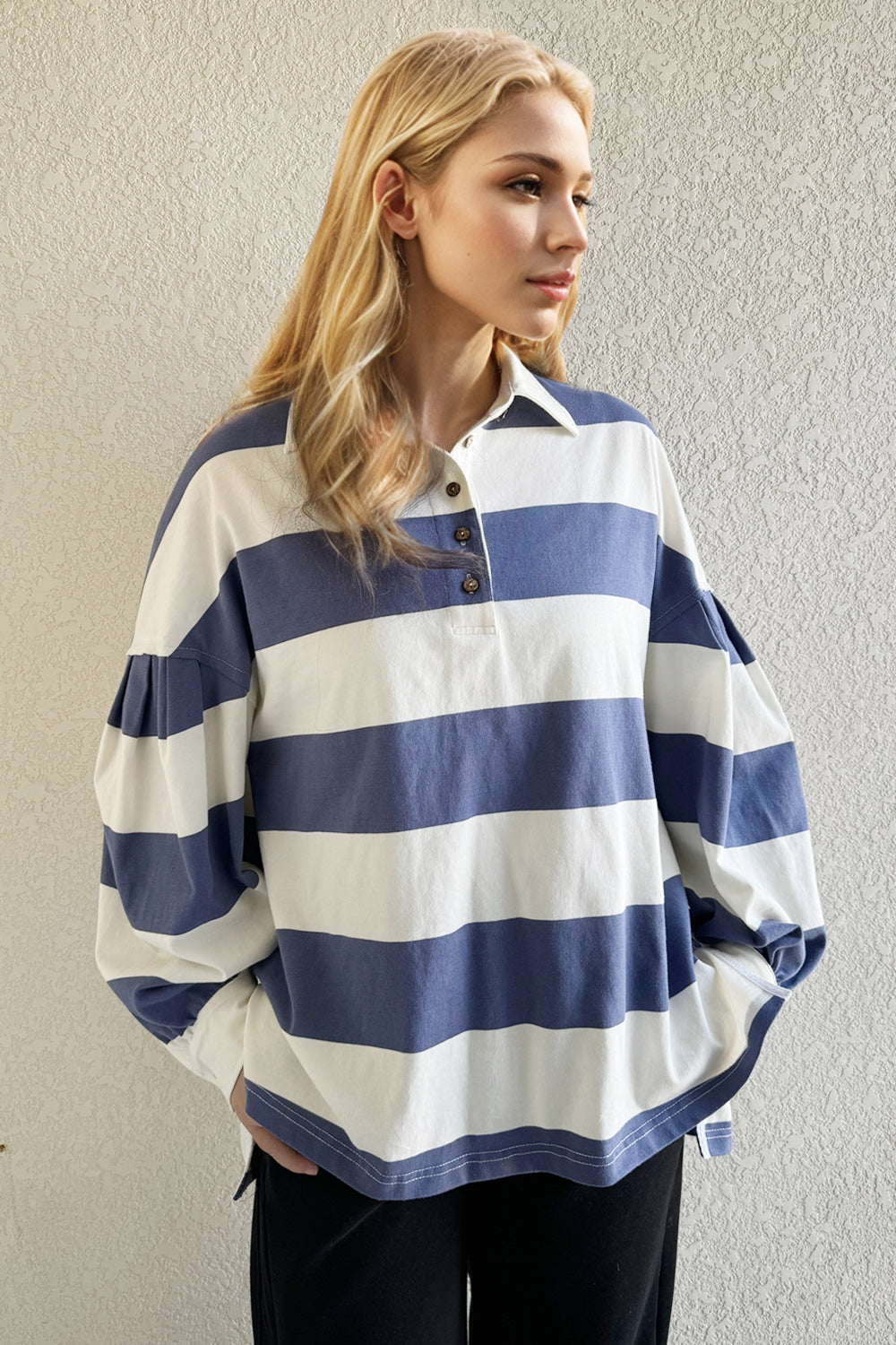 Oh Pima Cotton Wash Wide Striped Collared Neck Long Sleeve Top for a perfect OOTD – dress to impress outfits from Amexza