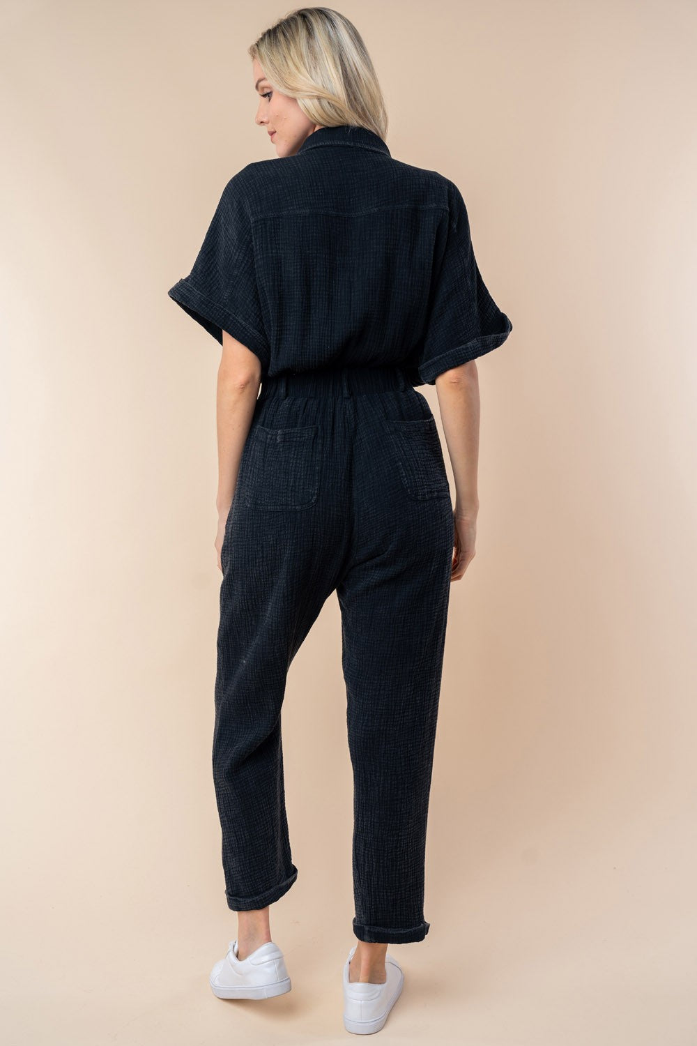 White Birch Texture Short Sleeve Jumpsuit - Amexza