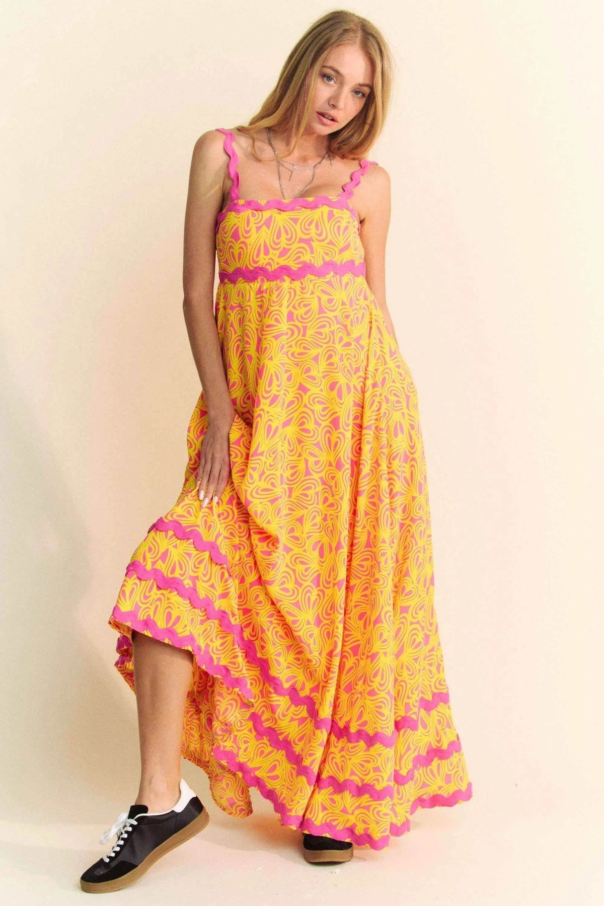 Davi & Dani Geo 2 Tone Printed Wavi Trim Tiered Maxi Dress PINK for a perfect OOTD – dress to impress outfits from Amexza
