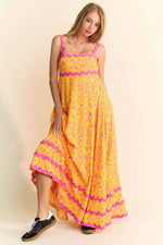 Davi & Dani Geo 2 Tone Printed Wavi Trim Tiered Maxi Dress PINK for a perfect OOTD – dress to impress outfits from Amexza