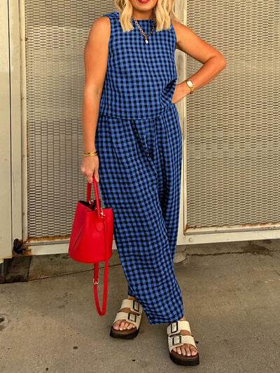 Lovelet Plaid Round Neck Sleeveless Top and Pants Set - Amexza