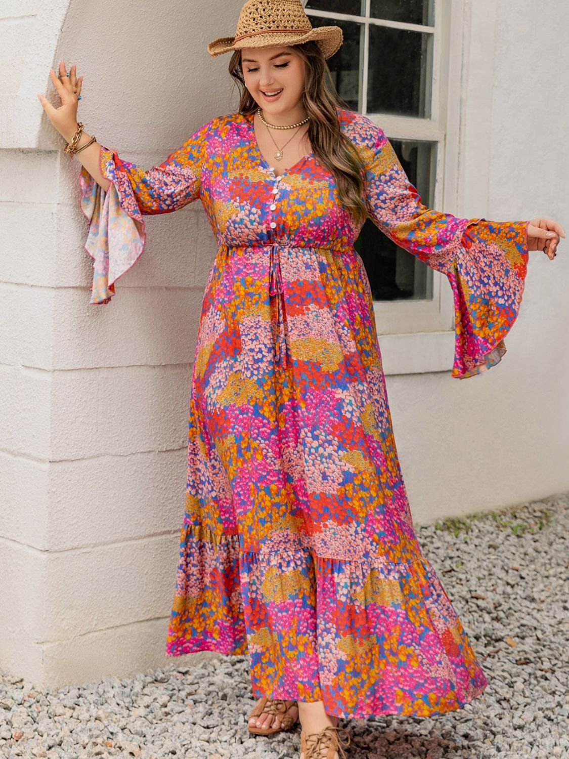 Plus Size Printed V-Neck Long Sleeve Maxi Dress - Orange-Red / 0XL