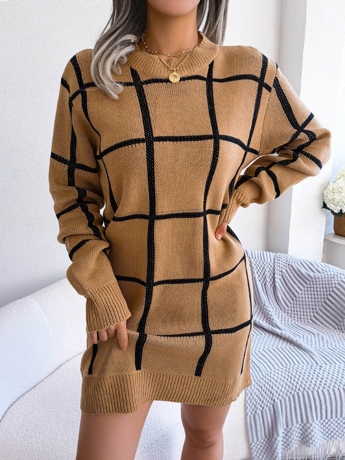 Plaid Round Neck Dropped Shoulder Sweater Dress for a perfect OOTD – dress to impress outfits from Amexza