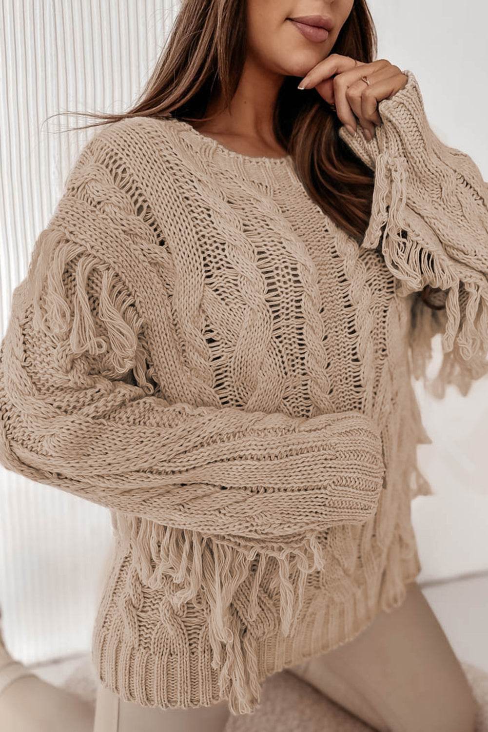 Cable Knit Fringe Round Neck Long Sleeve Sweater Khaki for a perfect OOTD – dress to impress outfits from Amexza