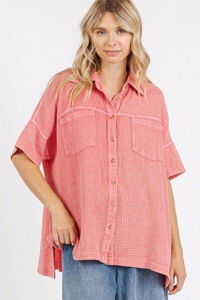 Mittoshop Mineral Wash Gauze Oversized Short Sleeve Shirt DEEP CORAL for a perfect OOTD – dress to impress outfits from Amexza