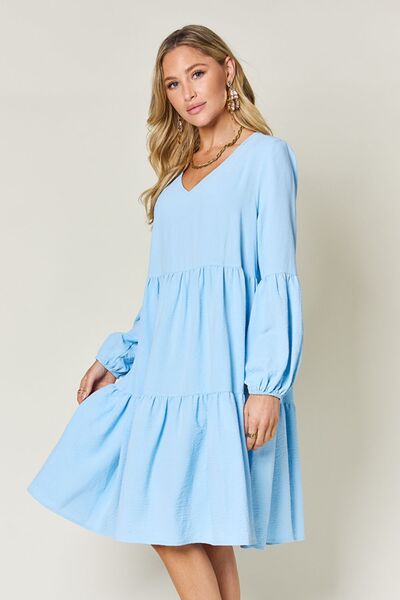 Double Take Full Size V-Neck Balloon Sleeve Tiered Dress with Pockets for a perfect OOTD – dress to impress outfits from Amexza