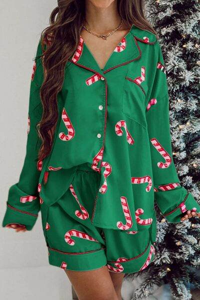 Candy Cane Collared Neck Long Sleeve Top and Shorts Lounge Set Dark Green for a perfect OOTD – dress to impress outfits from Amexza