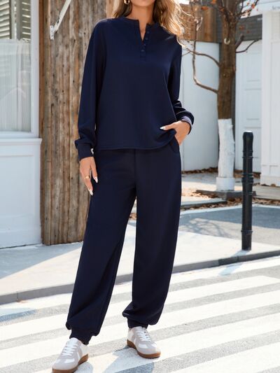 Quarter Button Long Sleeve Top and Pants Set Dark Navy for a perfect OOTD – dress to impress outfits from Amexza