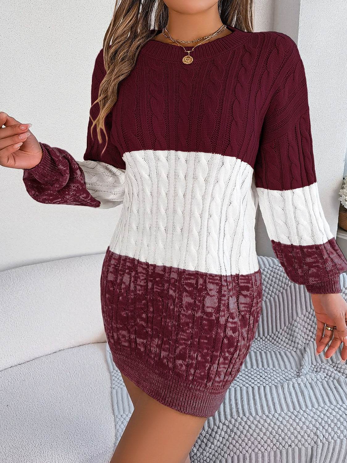 Cable-Knit Round Neck Color Block Sweater Dress for a perfect OOTD – dress to impress outfits from Amexza