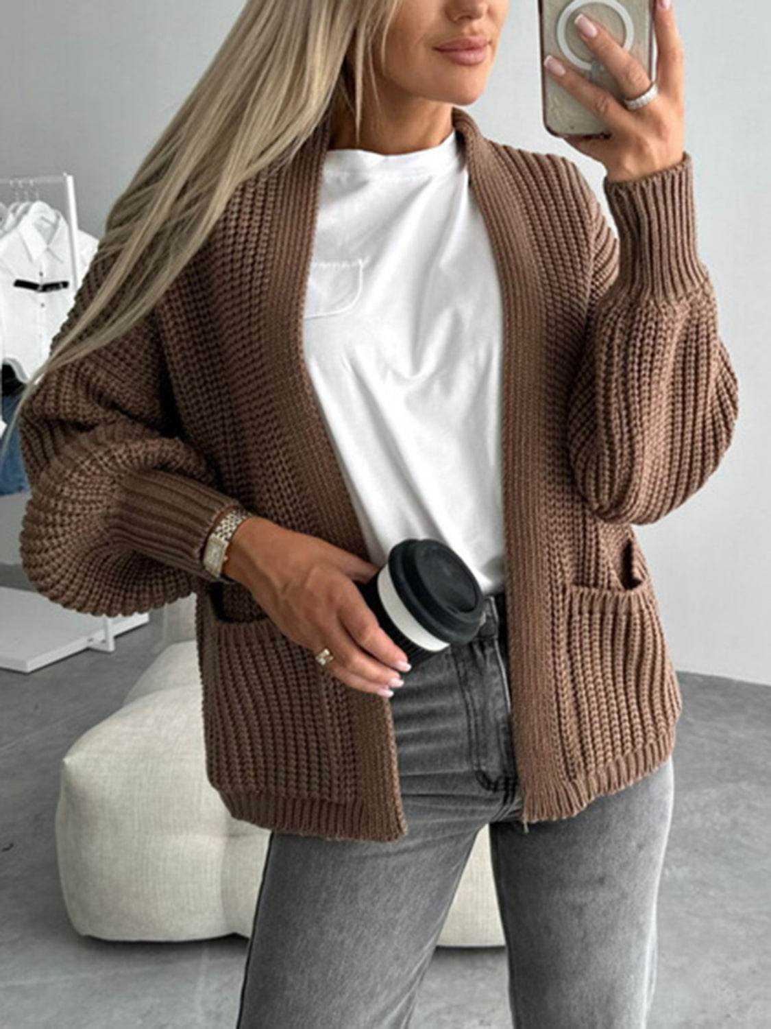 Open Front Dropped Shoulder Cardigan - Amexza