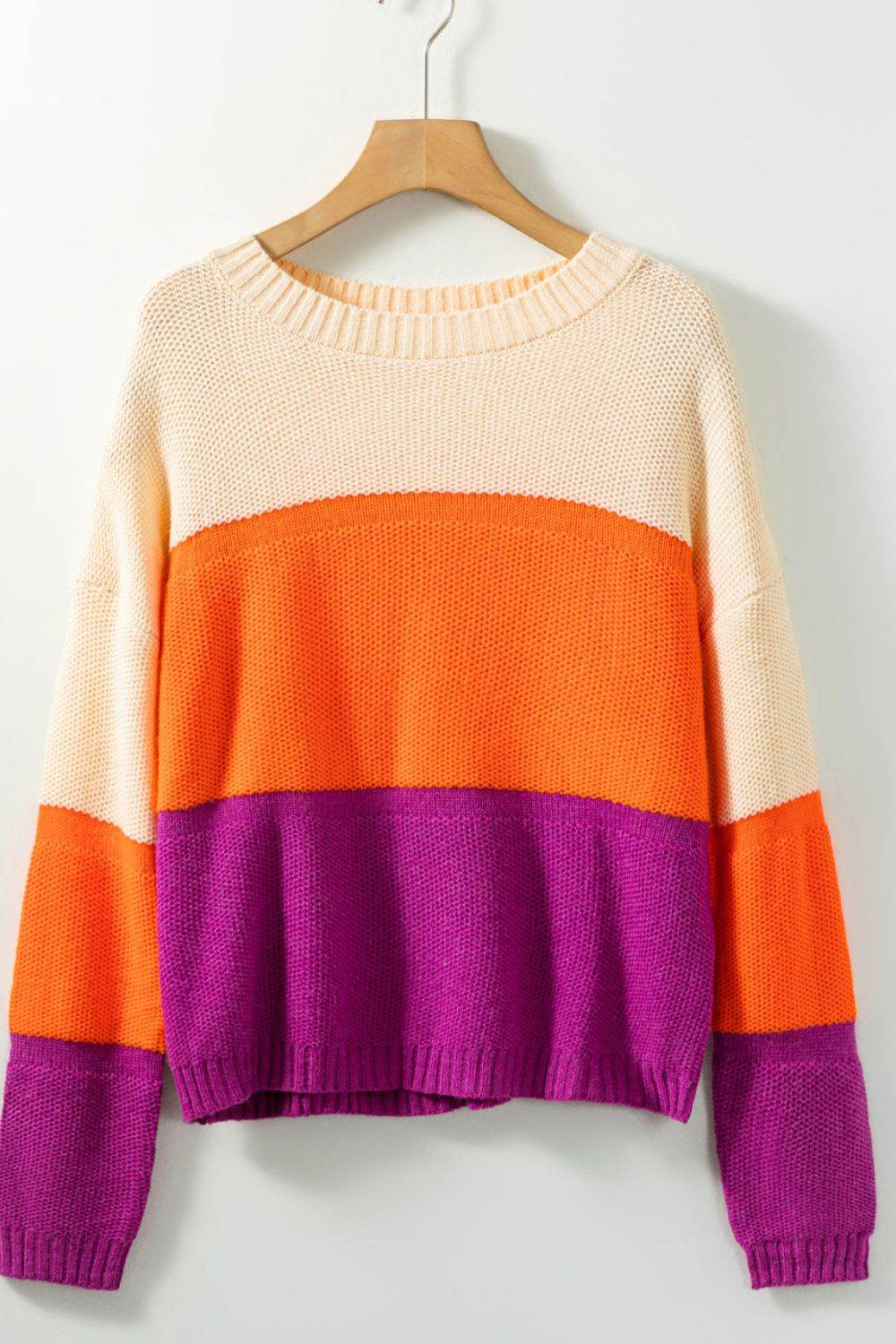 Color Block Drop Shoulder Round Neck Sweater - Amexza