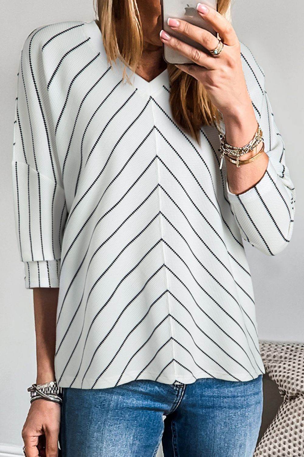 Striped V-Neck Long Sleeve Blouse for a perfect OOTD – dress to impress outfits from Amexza