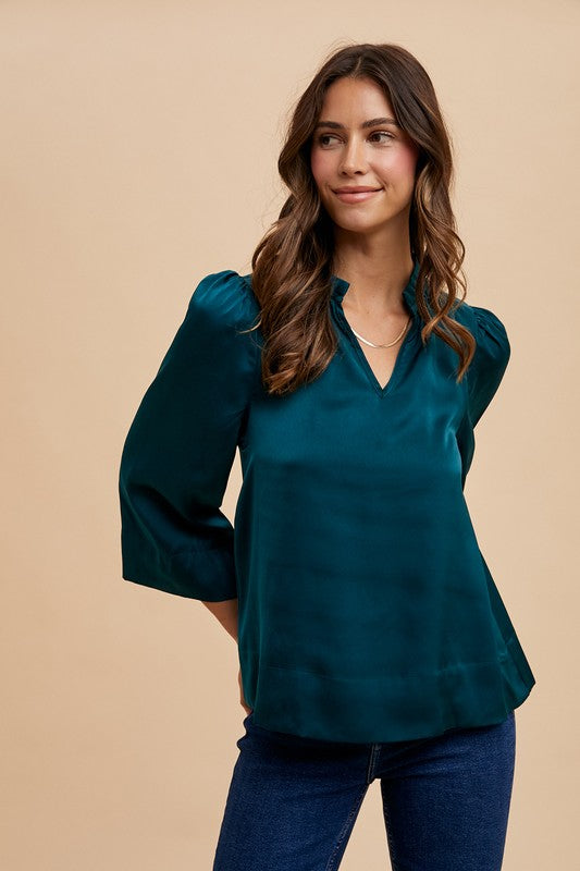 Annie Wear Satin Notched Three-Quarter Sleeve Blouse for a perfect OOTD – dress to impress outfits from Amexza