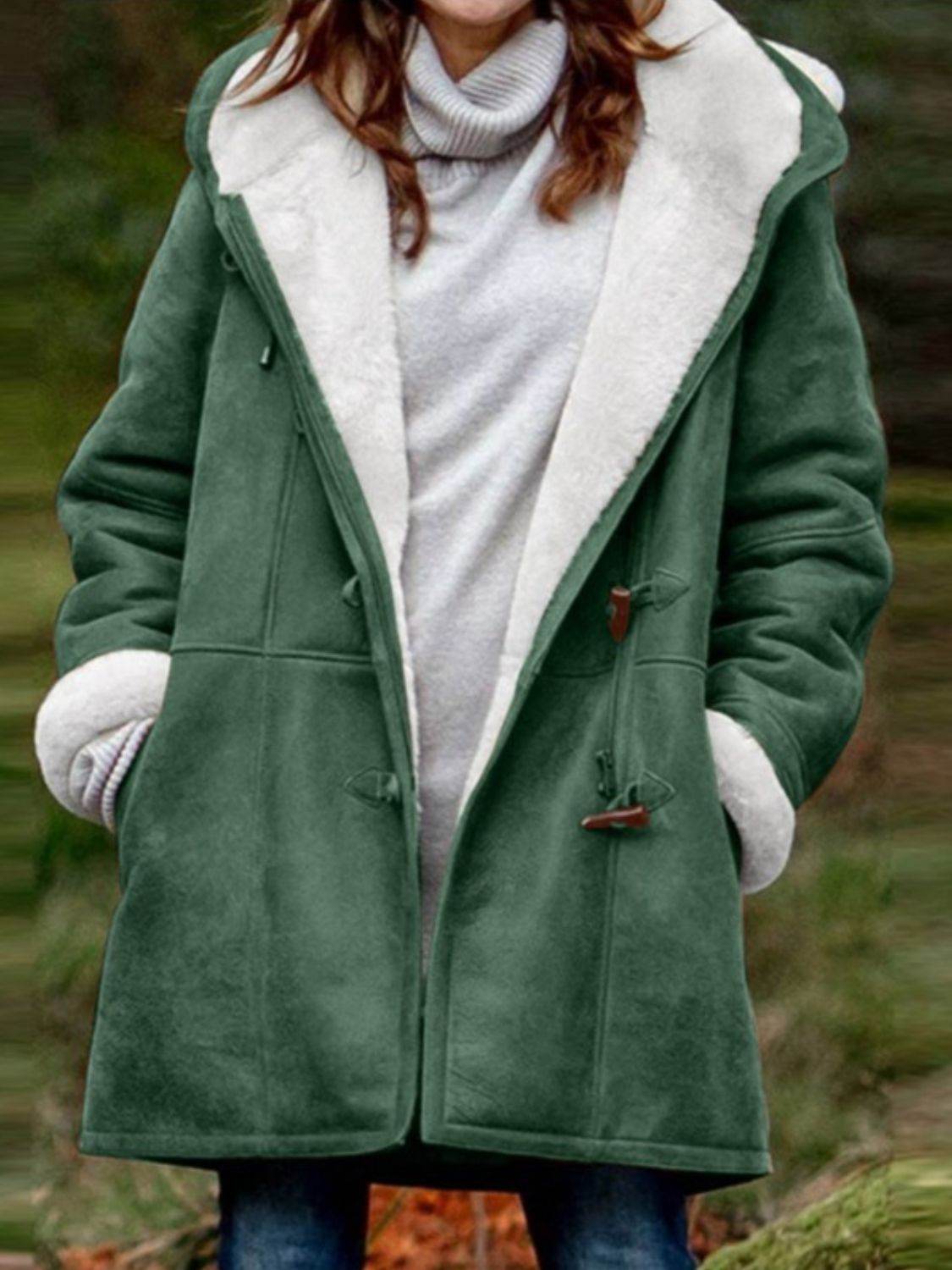 Full Size Pocketed Long Sleeve Hooded Toggle Jacket Dark Green for a perfect OOTD – dress to impress outfits from Amexza