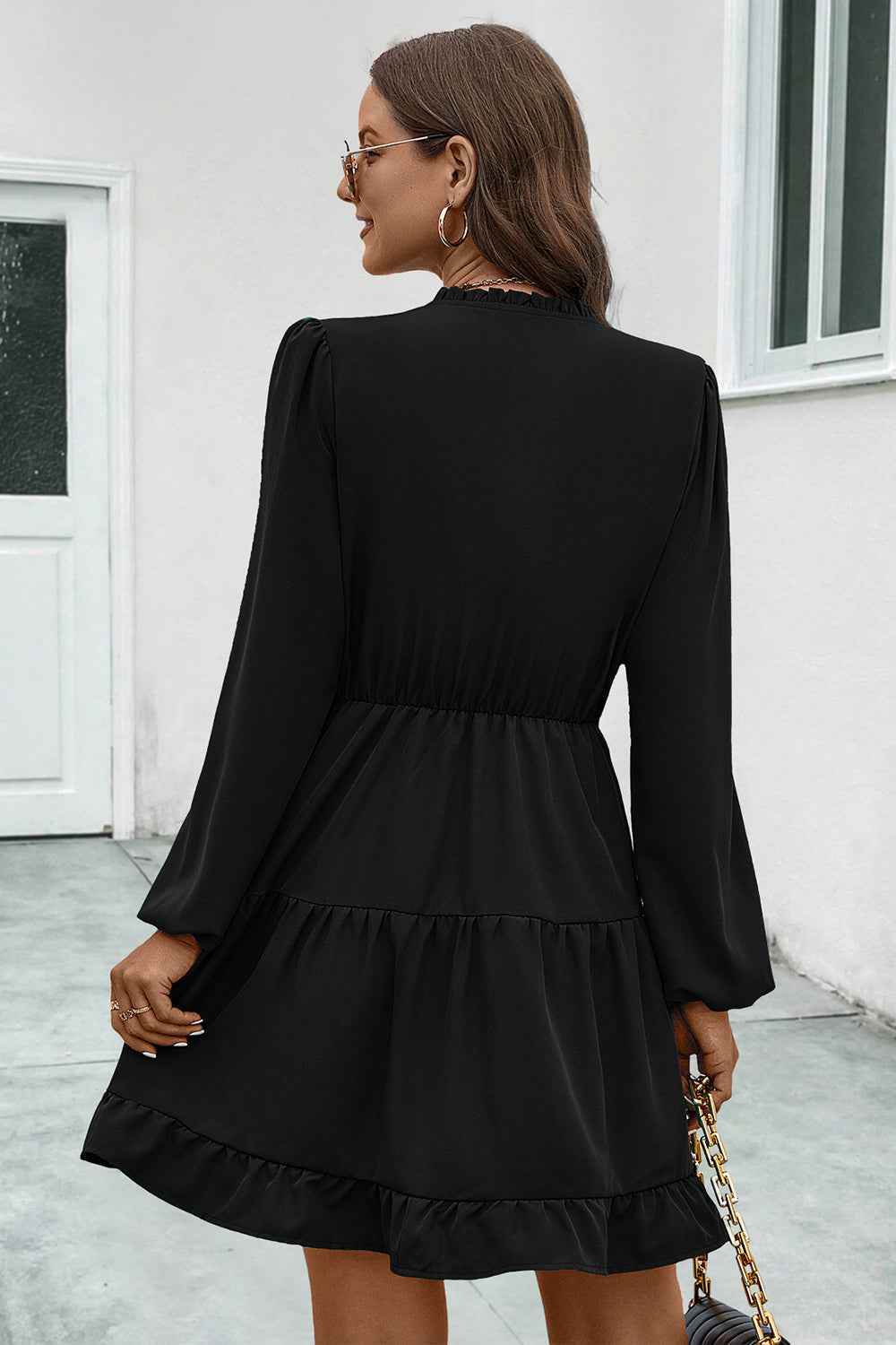 V-Neck Tie Neck Long Sleeve Dress for a perfect OOTD – dress to impress outfits from Amexza