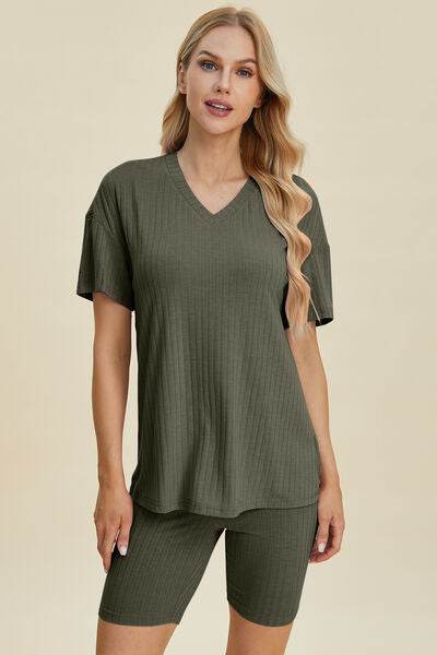 Basic Bae Full Size Ribbed V-Neck Short Sleeve Top and Shorts Set Moss for a perfect OOTD – dress to impress outfits from Amexza