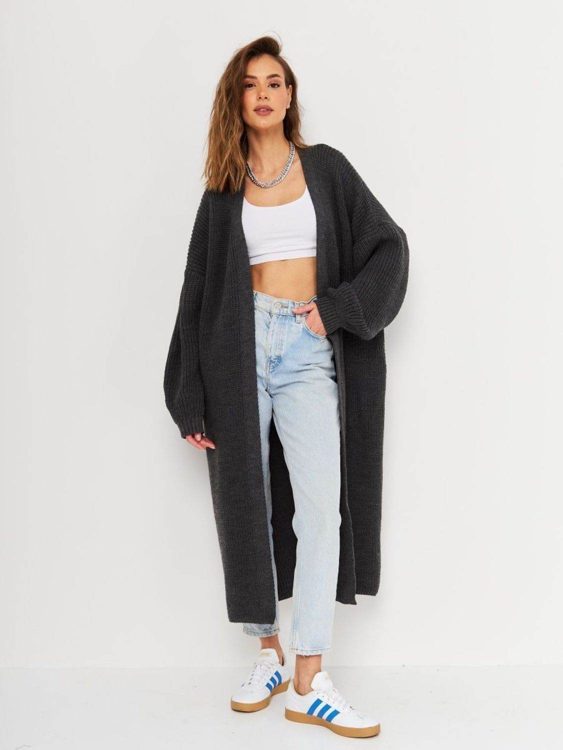 Open Front Long Sleeve Longline Cardigan - Amexza