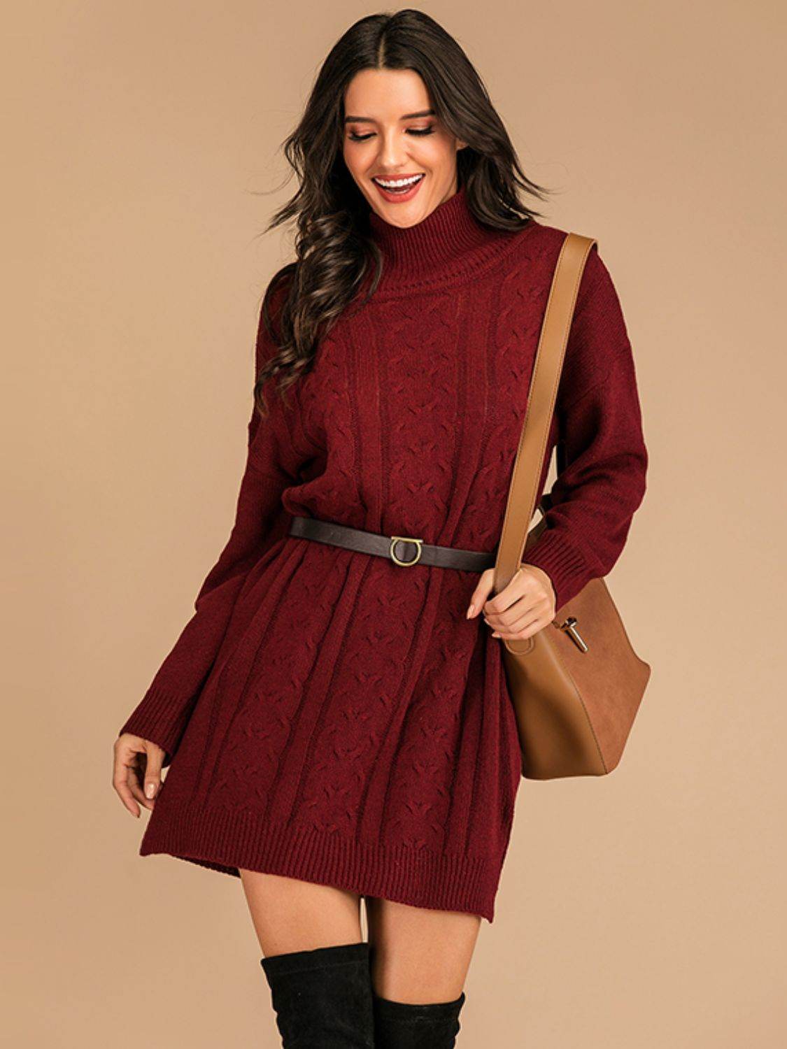 Perfee Slit Turtleneck Long Sleeve Mini Sweater Dress - Amexza