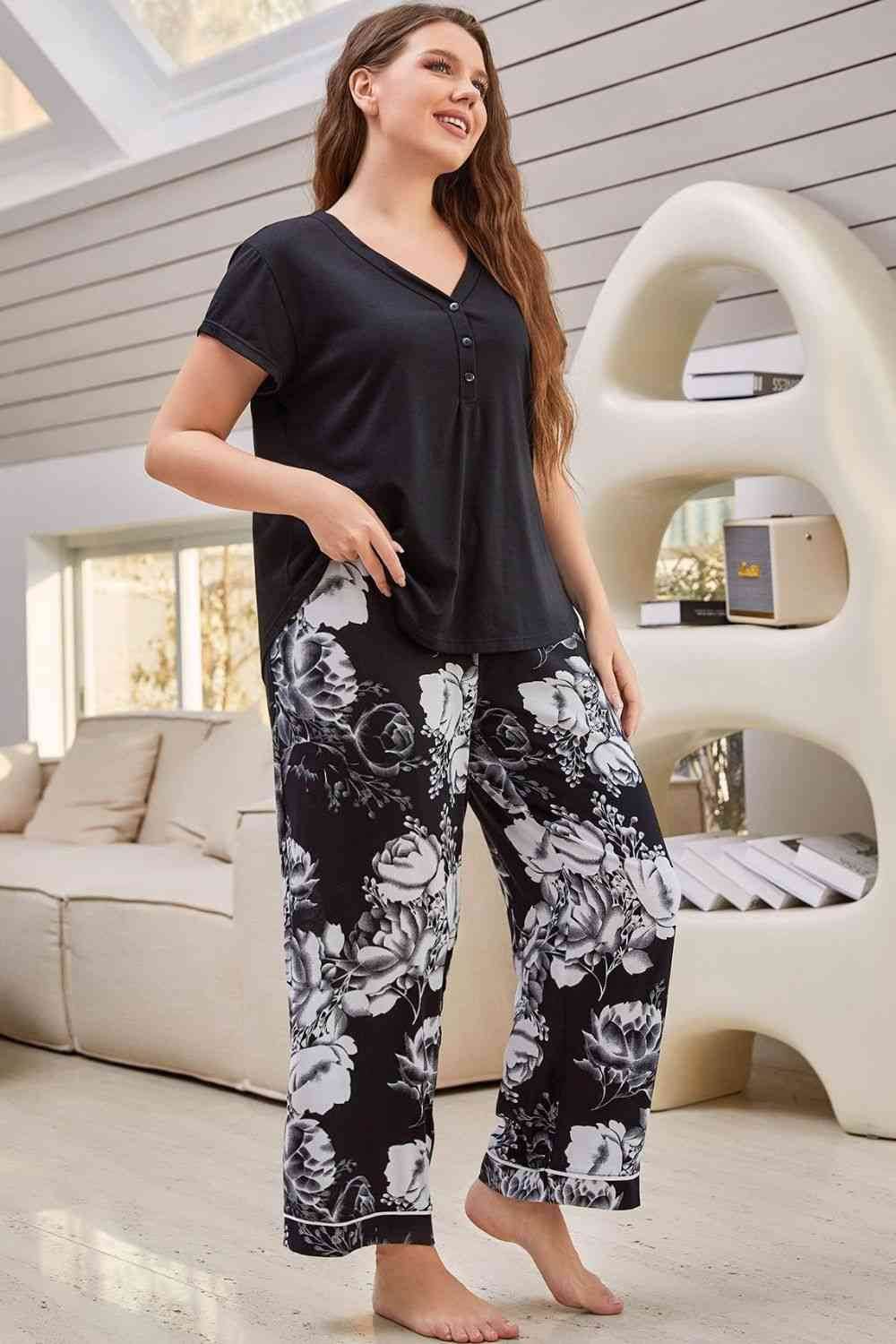 Full Size V-Neck Top and Floral Pants Lounge Set for a perfect OOTD – dress to impress outfits from Amexza