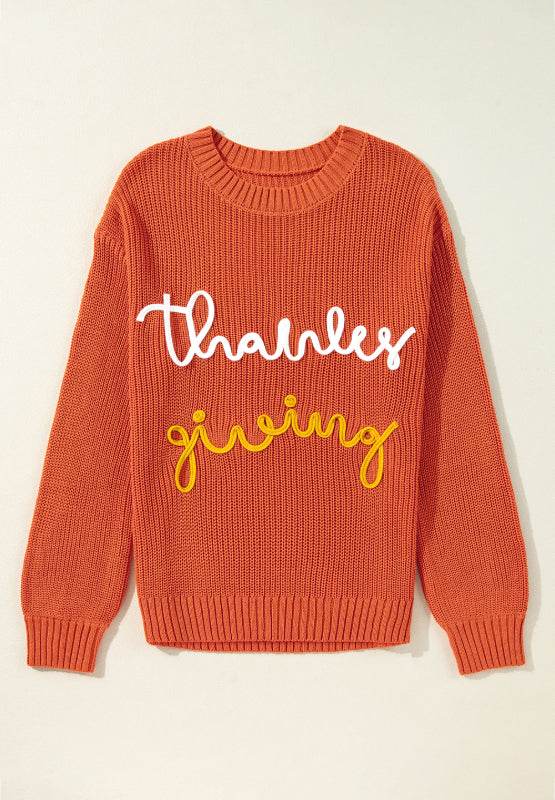 THANKS GIVING Round Neck Long Sleeve Sweater - Amexza