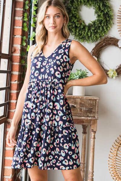 Heimish Full Size Leopard V-Neck Ruffled Tank Dress Navy Multi for a perfect OOTD – dress to impress outfits from Amexza