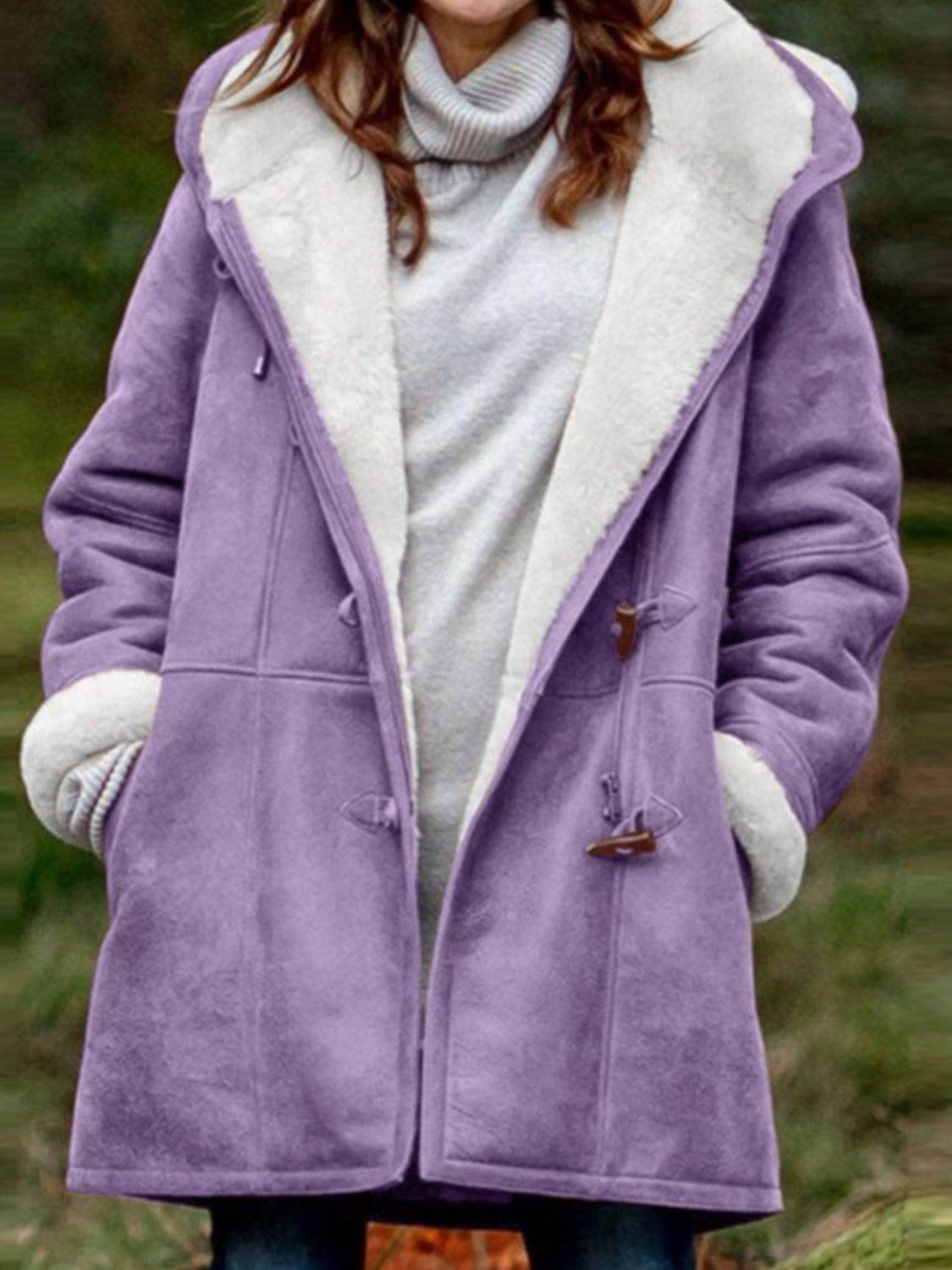 Full Size Pocketed Long Sleeve Hooded Toggle Jacket Lavender for a perfect OOTD – dress to impress outfits from Amexza