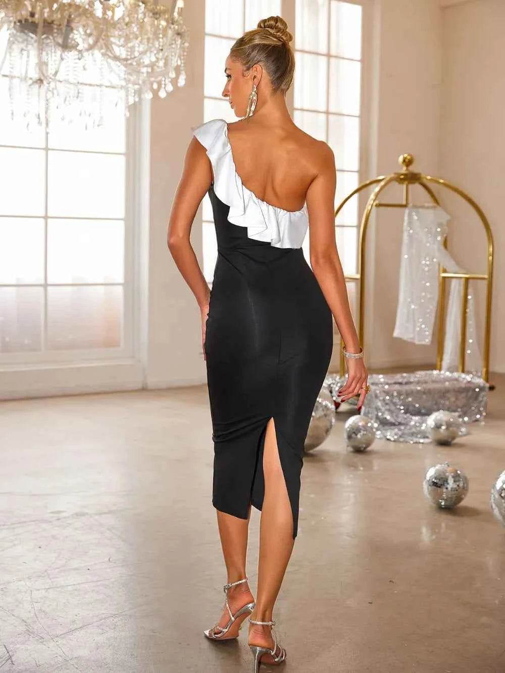 Slit Contrast Single Shoulder Midi Dress for a perfect OOTD – dress to impress outfits from Amexza